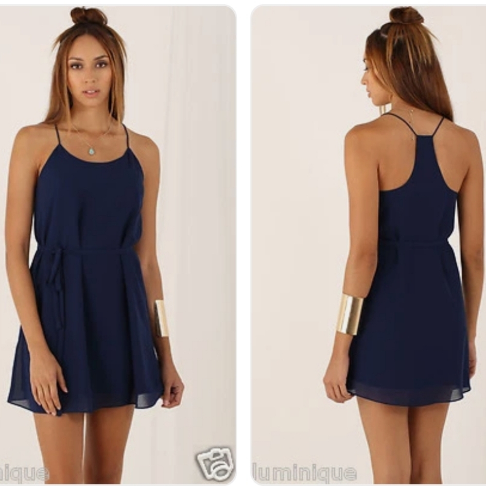 Pookie & Sebastian, Blue Spaghetti Strap Sleeveless Mini Dress